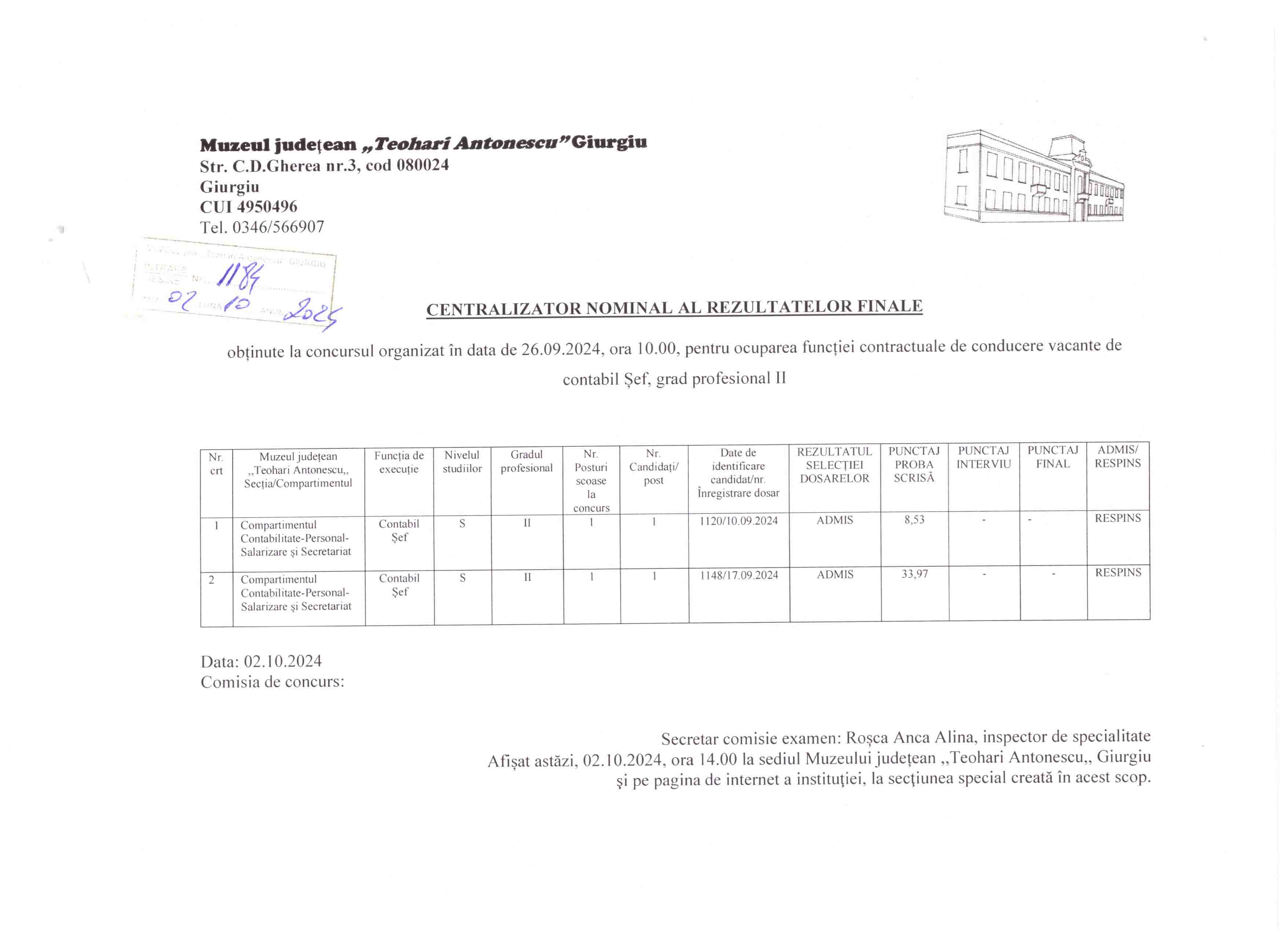 Rezultat examen final pentru ocuparea functiei contractuale de conducere vacante de contabil șef